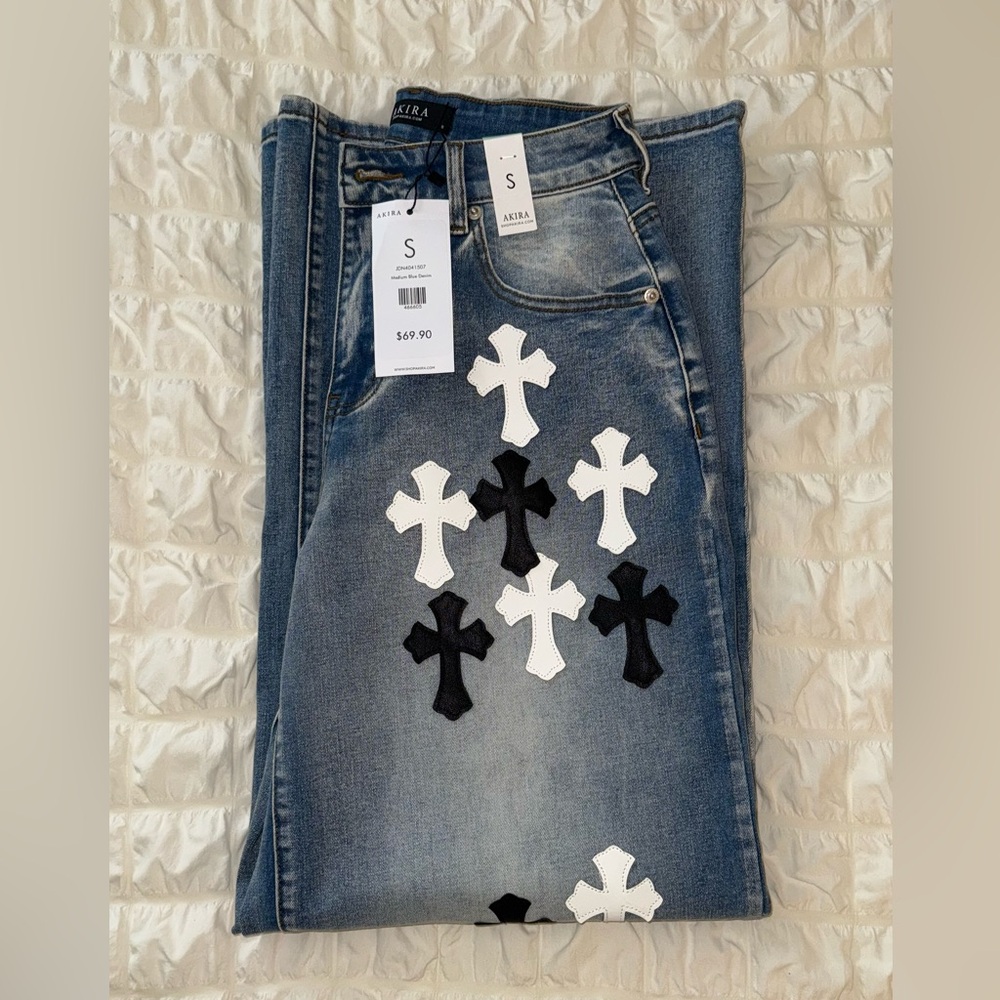 AKIRA Blue Straight Leg Jeans with Decorative Embellishments